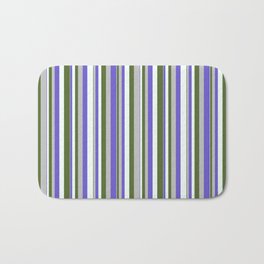 [ Thumbnail: Grey, Slate Blue, Mint Cream & Dark Olive Green Colored Stripes/Lines Pattern Bath Mat ]