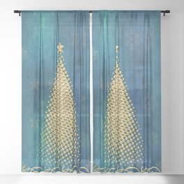 Teal Blue Snowflakes with Golden Christmas Tree  Sheer Curtain