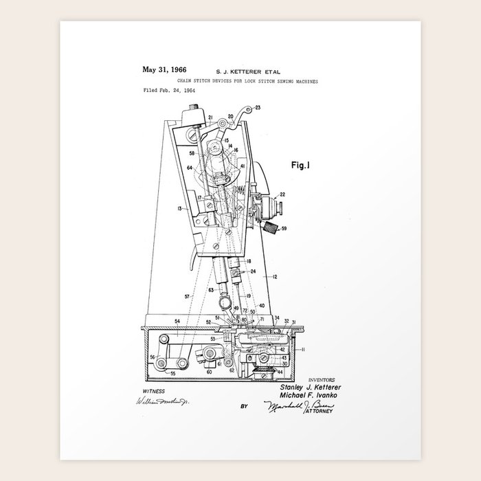 Chain Stitch for Lock Stitch Sewing Machine Vintage Patent Hand Drawing