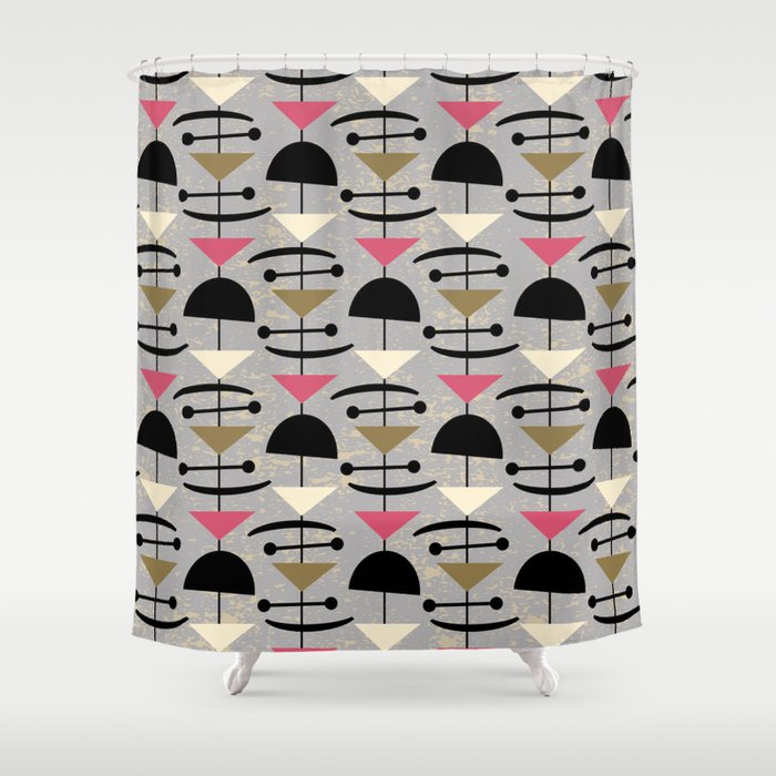 Retro Mid Century Modern Abstract Mobile 650 Gold Gray Pink and Black Shower Curtain