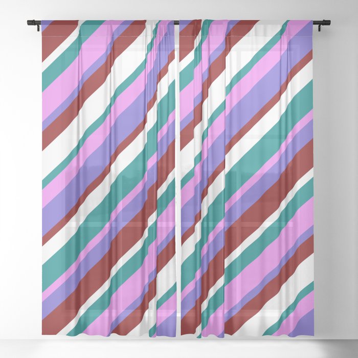 Vibrant Teal, Violet, Slate Blue, Maroon & White Colored Pattern of Stripes Sheer Curtain