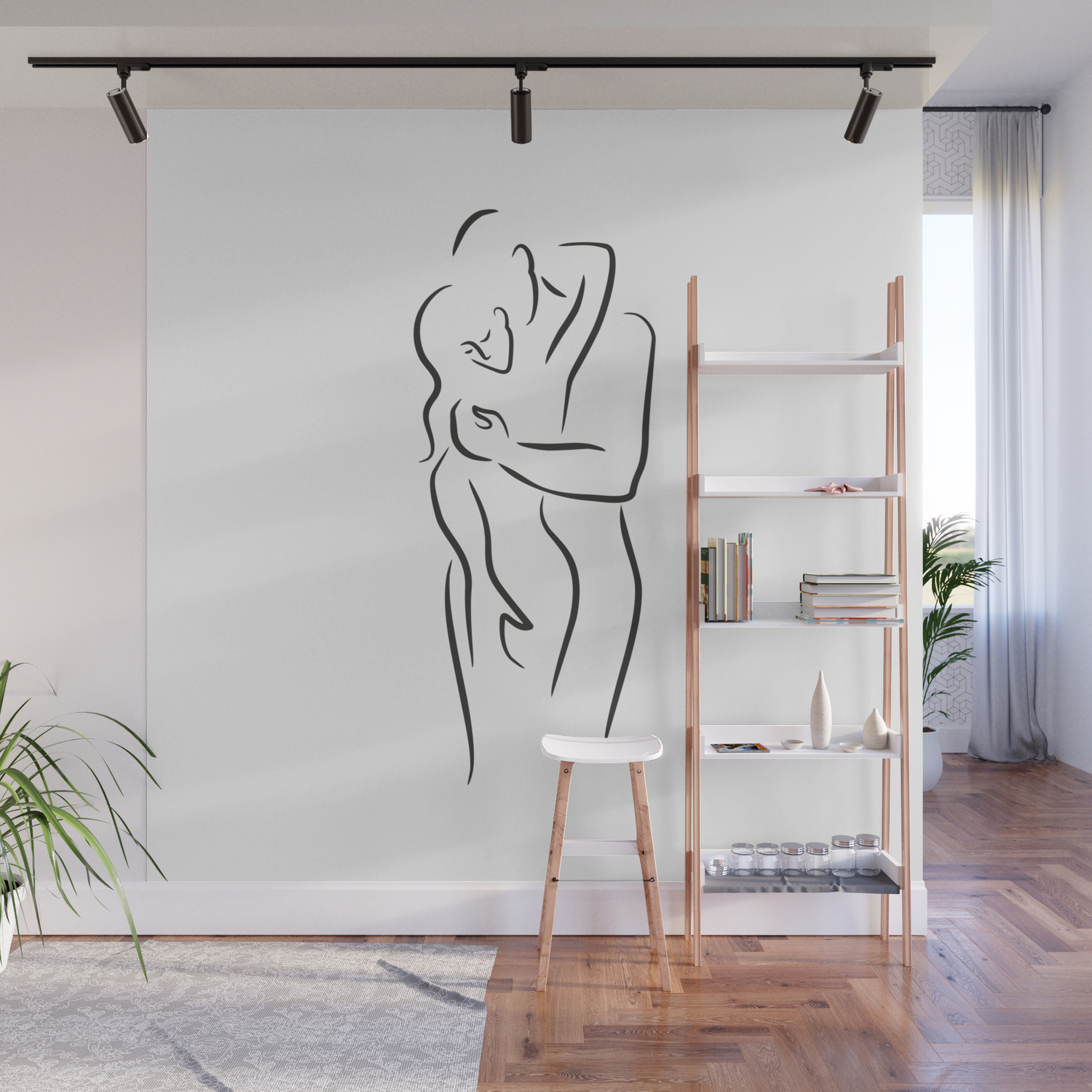 Sexy Embrace Line Drawing For Bedroom Couple Illustration Wall Mural