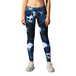 Blue Skull with Roses Pattern Leggings