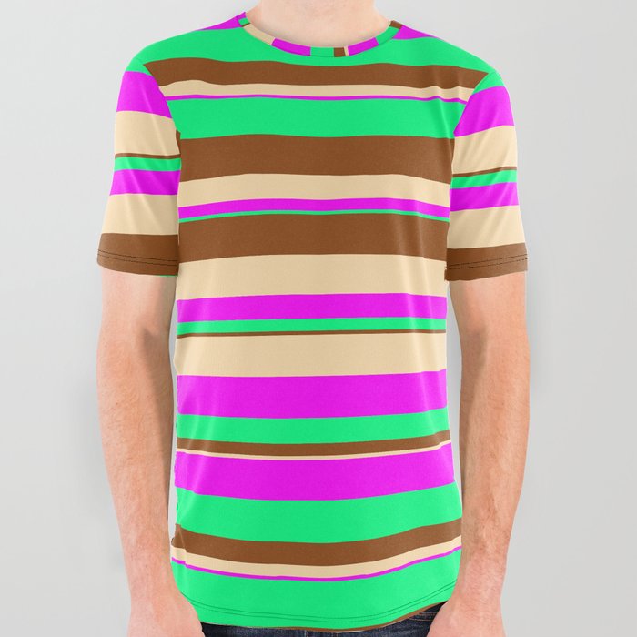 Tan, Fuchsia, Green & Brown Colored Striped Pattern All Over Graphic Tee