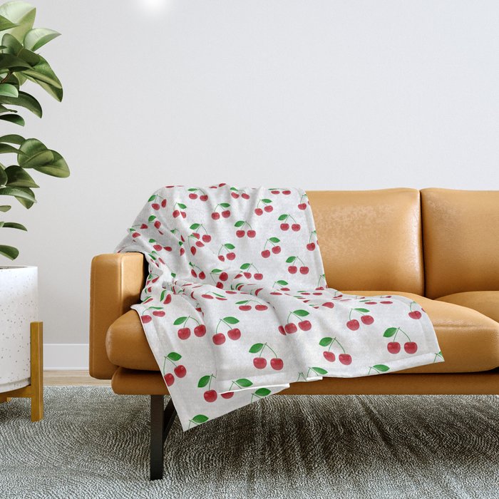 Natural Bright Red Cherries on White Pattern Throw Blanket