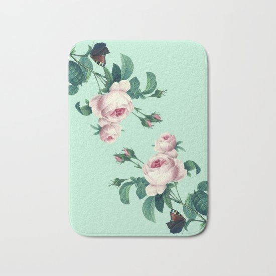 Roses Mint Green + Pink Bath Mat