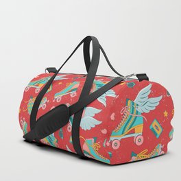 Roller skates in bright colours with and without wings on a red background. Retro Style.  Duffle Bag
