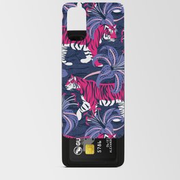 Tigers in a tiger lily garden // textured navy blue background fuchsia pink wild animals very peri flowers Android Card Case