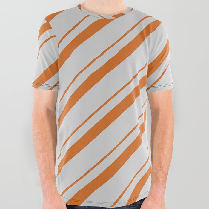 Chocolate & Light Grey Colored Striped Pattern All Over Graphic Tee