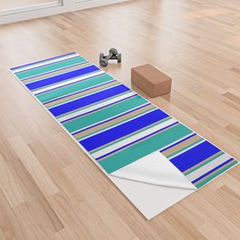 [ Thumbnail: Blue, Tan, Light Sea Green, and White Colored Striped Pattern Yoga Towel ]