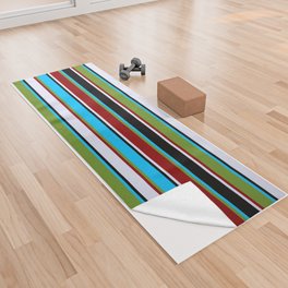 [ Thumbnail: Eyecatching Deep Sky Blue, Green, Dark Red, Lavender, and Black Colored Lines/Stripes Pattern Yoga Towel ]
