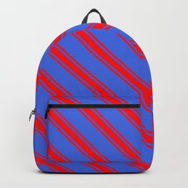 [ Thumbnail: Royal Blue and Red Colored Lined/Striped Pattern Backpack ]