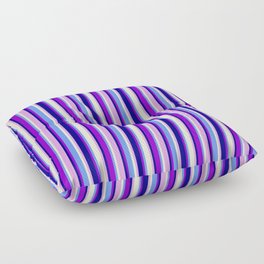[ Thumbnail: Colorful Blue, Dark Violet, Cornflower Blue, Beige, and Plum Colored Lined Pattern Floor Pillow ]