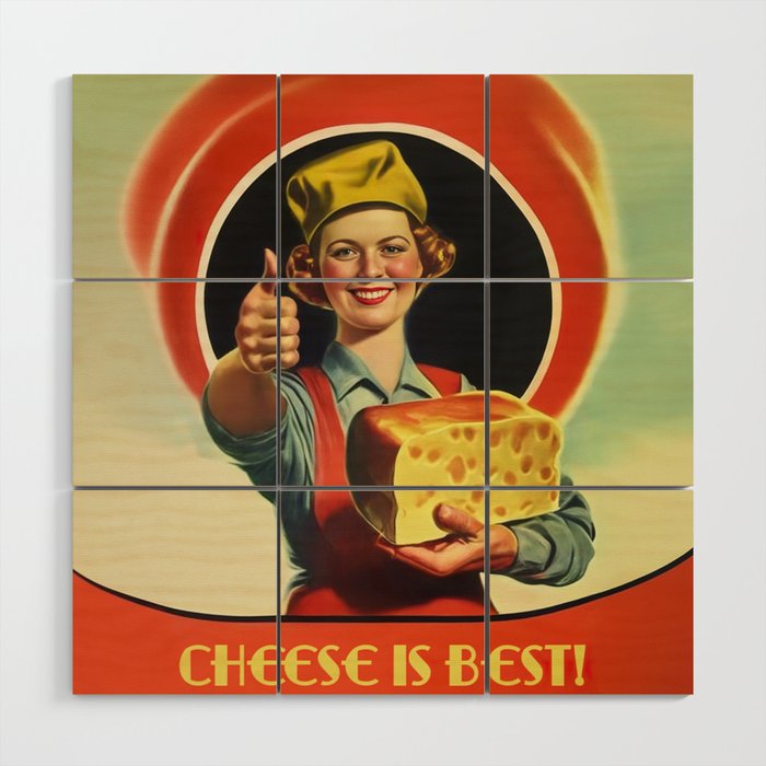 Young retro woman holding huge piece of Emmental cheese and smiling a nostalgic and vintage Wood Wall Art