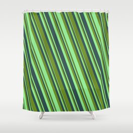 [ Thumbnail: Dark Slate Gray, Green & Light Green Colored Lined/Striped Pattern Shower Curtain ]