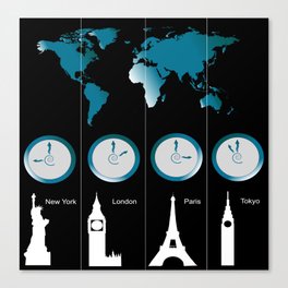 TIME ZONES. NEW YORK, LONDON, PARIS, TOKYO Canvas Print