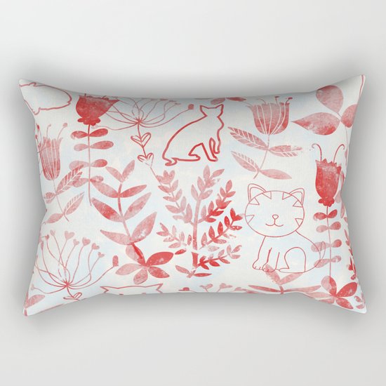 Watercolor Floral & Cat Rectangular Pillow