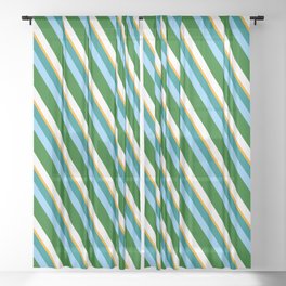 [ Thumbnail: Vibrant Teal, Light Sky Blue, Dark Green, White, and Orange Colored Pattern of Stripes Sheer Curtain ]
