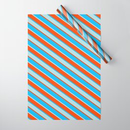 [ Thumbnail: Red, Deep Sky Blue & Powder Blue Colored Lined Pattern Wrapping Paper ]