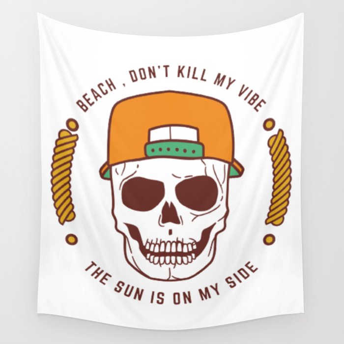 Cool Skull With Orange CAP - Quote Beach Vibes Sun  Wall Tapestry