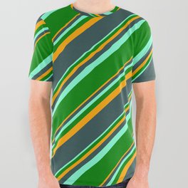 [ Thumbnail: Orange, Dark Slate Gray, Aquamarine, and Green Colored Stripes Pattern All Over Graphic Tee ]