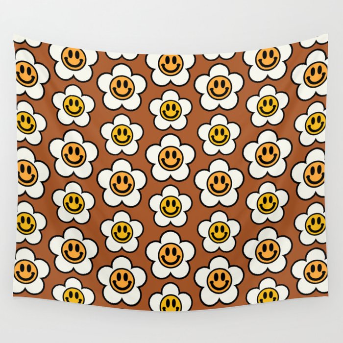 Bold And Funky Flower Smileys Pattern (Ginger Bread BG color) Wall Tapestry
