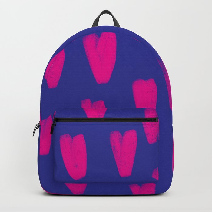 Neon Pink Hearts Hand-Painted over Retro Blue Backpack