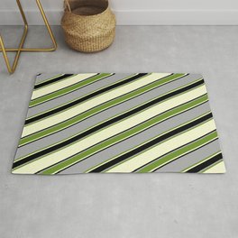 [ Thumbnail: Dark Grey, Green, Light Yellow, and Black Colored Lined Pattern Rug ]