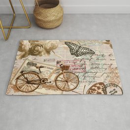 Seamless vintage background with roses, butterfly and bicycle.  Area & Throw Rug