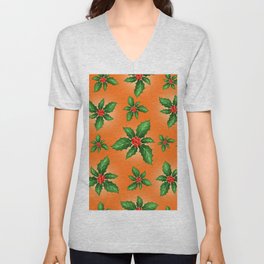Christmas holly pattern print  V Neck T Shirt