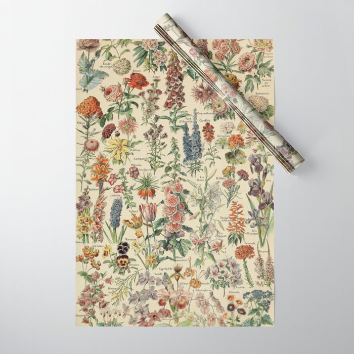 French Vintage Flowers Chart Adolphe Millot Fleurs Larousse Pour Tous Funky Cozy Boho Maximalist Wrapping Paper