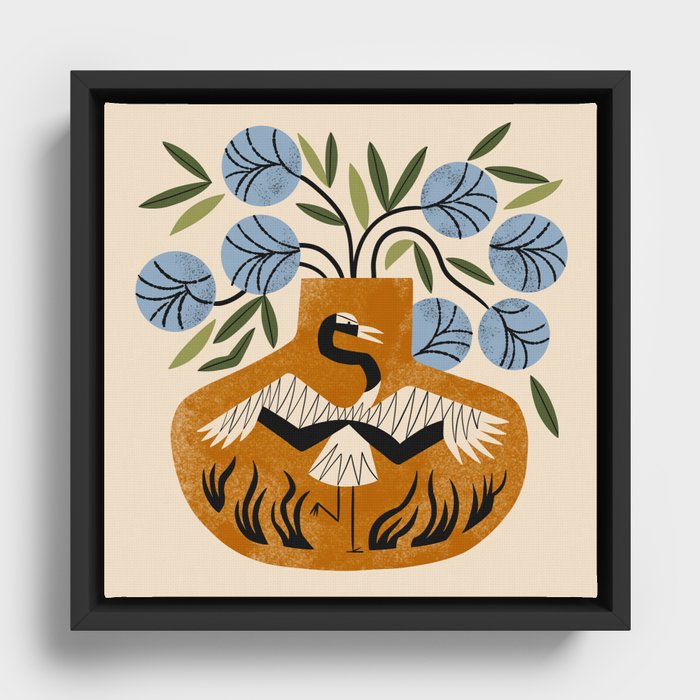 Blue Peonies And Crane Vase Framed Canvas
