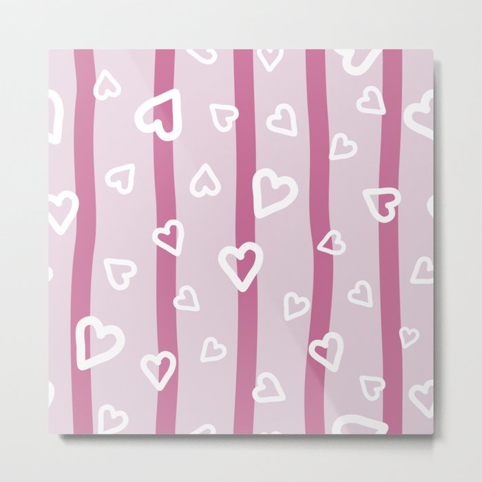 White hearts doodles on pink striped background Metal Print