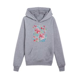 Watercolor of red flowers and turquoise leaves over blue Kids Pullover Hoodies