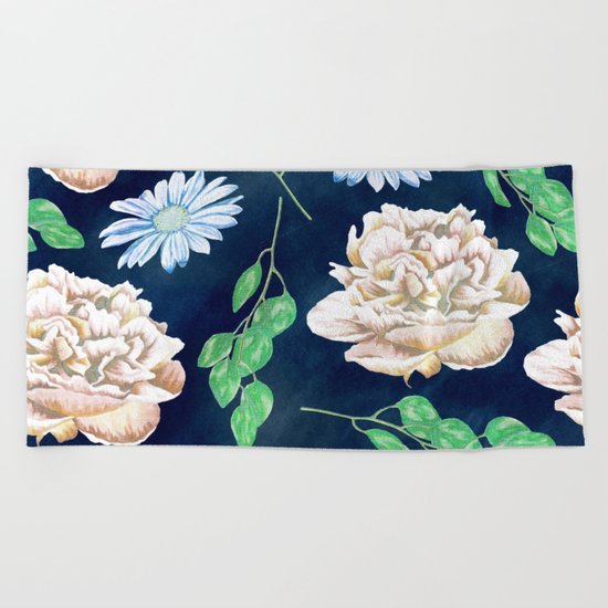 Rose Garden Navy Blue Antique Floral Pattern Beach Towel