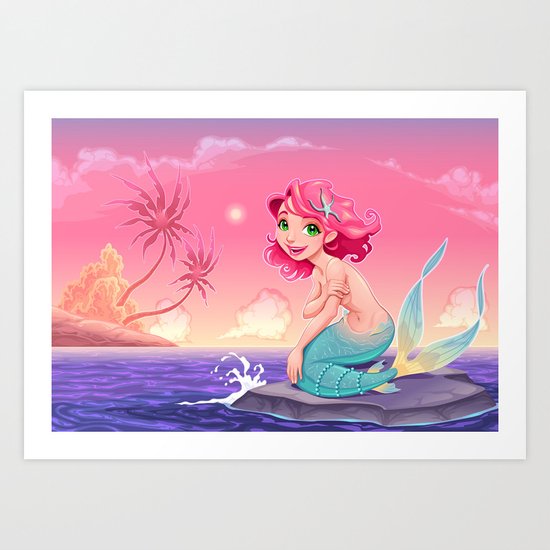 Young mermaid in a romantic landscape Art Print