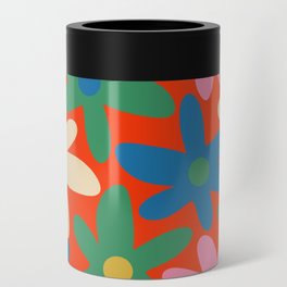 Daisy Time Colorful Retro Floral Pattern on Red Can Cooler