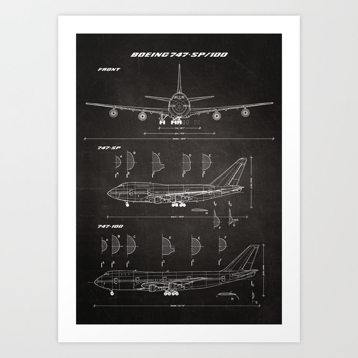 Boeing 747-SP and 747-100 Blueprint in High Resolution (black) Art Print