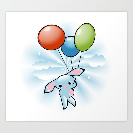 Cute Little Blue Bunny Flying With Balloons Art Print