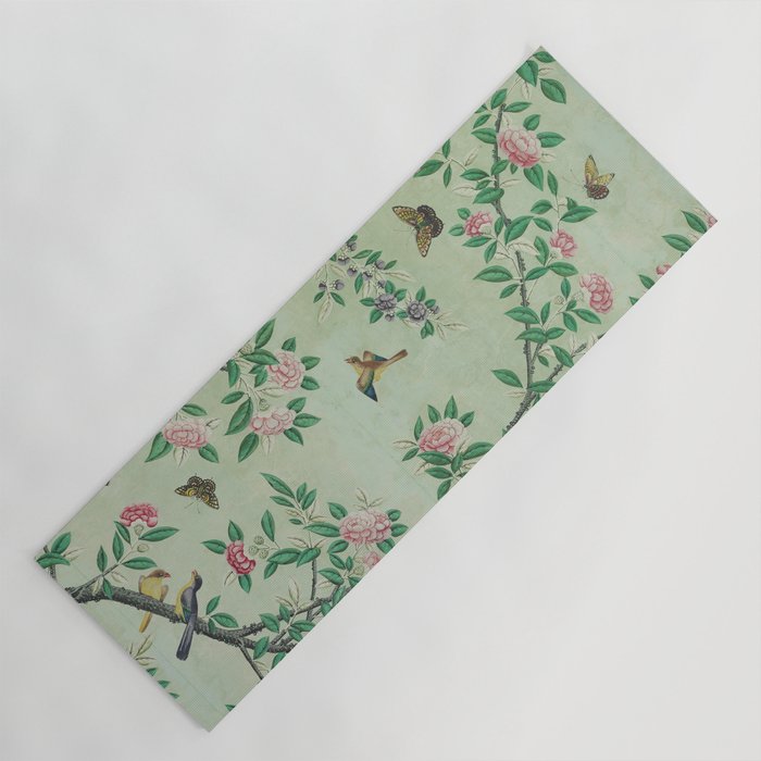 Antique Chinoiserie Peony Flower Bird Garden 1800 Yoga Mat