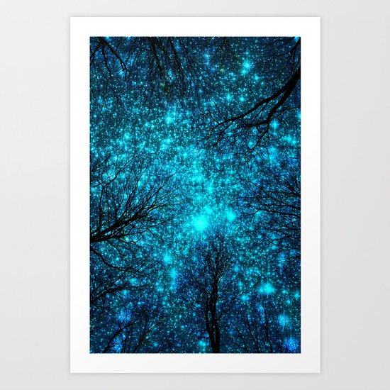 Black Trees Deep Teal Space. Art Print
