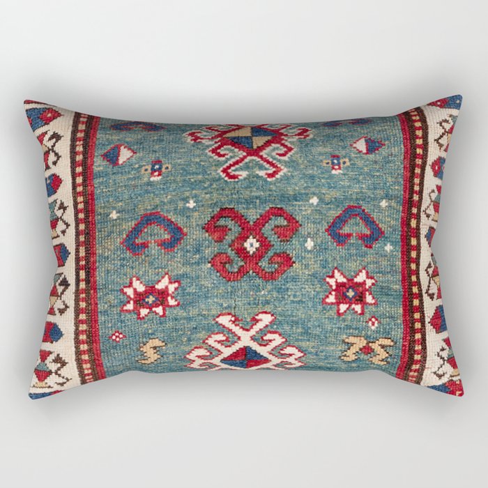 Chevron Stars // 19th Century Colorful Steel Blue Light Green Teal Checkered Ornate Accent Pattern Rectangular Pillow