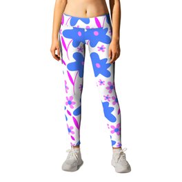 Blue And Pink Daisies Retro Wildflower Pattern Leggings