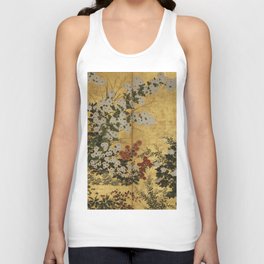 White Red Chrysanthemums Floral Japanese Gold Screen Tank Top
