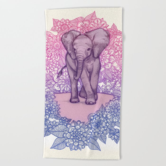 Cute Baby Elephant in pink, purple & blue Beach Towel