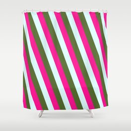 [ Thumbnail: Light Cyan, Dark Olive Green, and Deep Pink Colored Lines/Stripes Pattern Shower Curtain ]