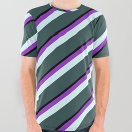 [ Thumbnail: Dark Orchid, Light Cyan, Dark Slate Gray & Black Colored Lines Pattern All Over Graphic Tee ]