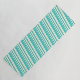[ Thumbnail: Beige and Turquoise Colored Lines Pattern Yoga Mat ]