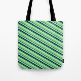 [ Thumbnail: Midnight Blue, Sea Green, Green & Dark Sea Green Colored Stripes Pattern Tote Bag ]