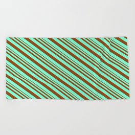 [ Thumbnail: Brown & Aquamarine Colored Lines/Stripes Pattern Beach Towel ]